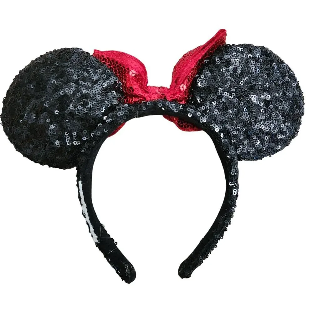 Disney Parks Minnie Mouse Classic Red Bow Black Ears Sequin Headband tag cut off